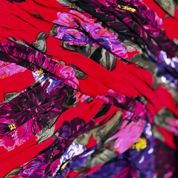 Liancarlo Ruched Cocktail Dress Womens 10 Red Floral Silk Puff Sleeve Elegant - Picture 4 of 16